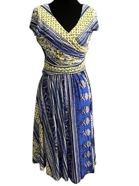 Maeve by Anthropologie Blue Yellow Patterned Wrap Dress S